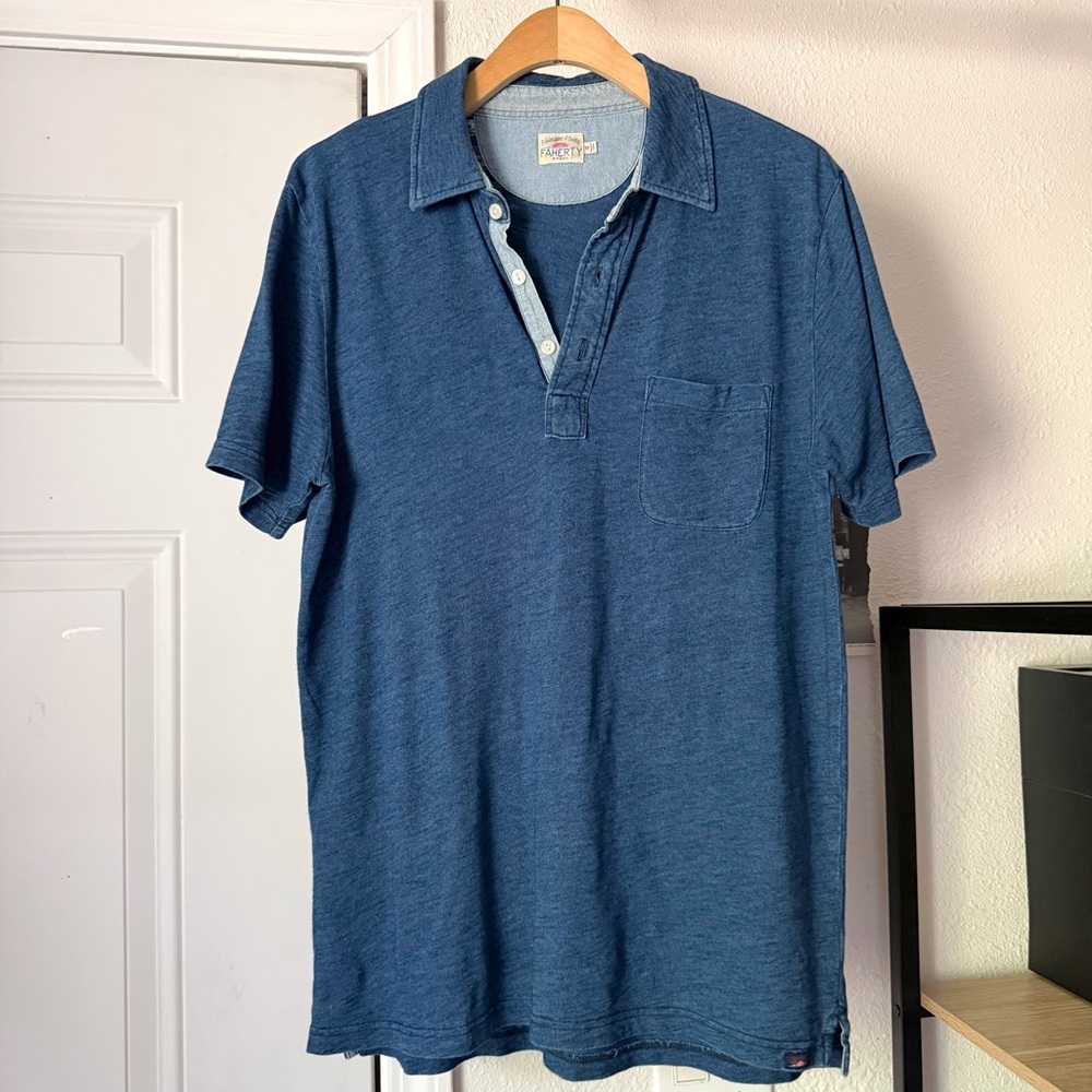FAHERTY blue indigo garment‎ dyed cotton short sleeve polo shirt